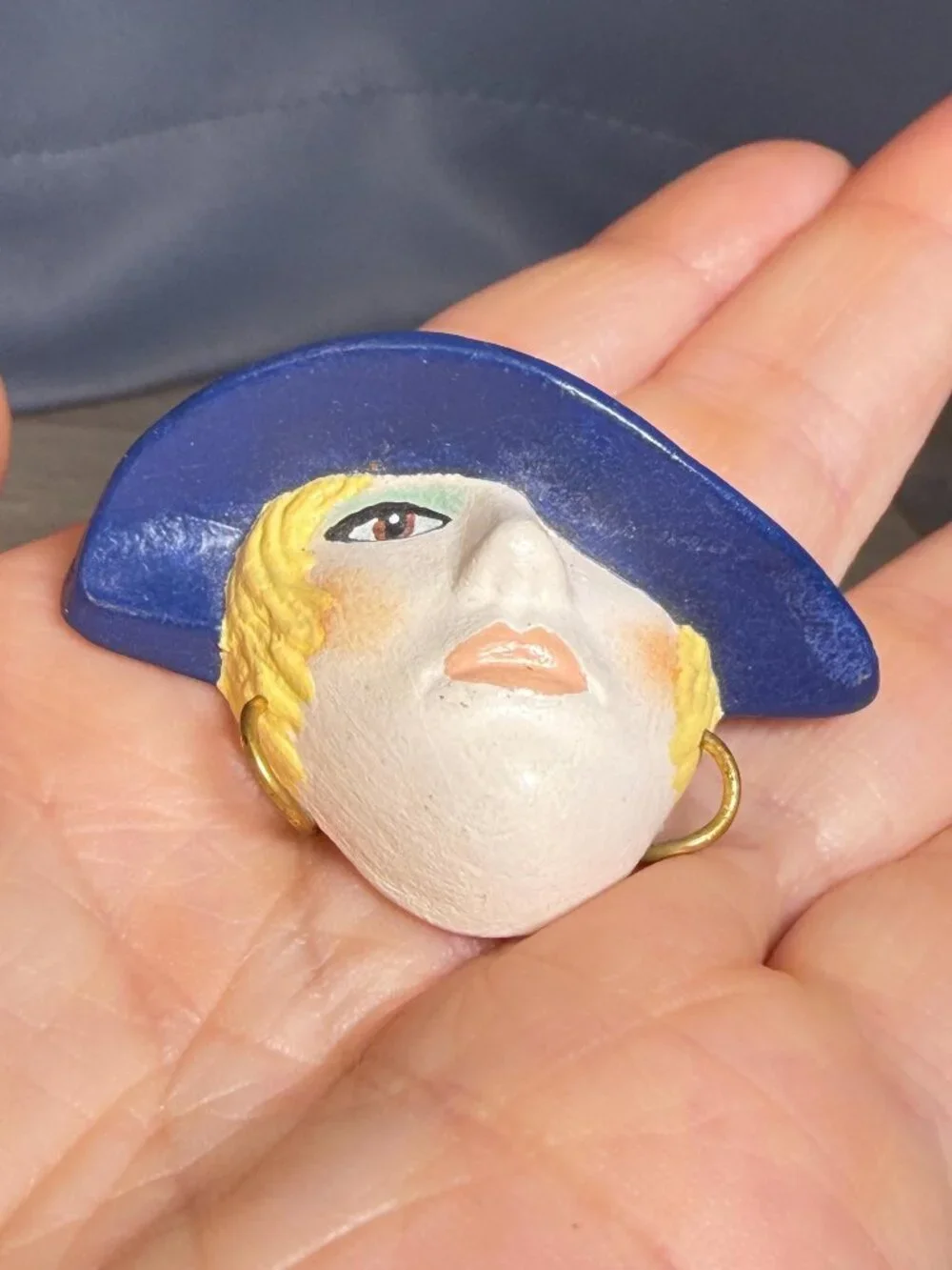 Vintage Handmade Lady Face Brooch Blue Hat Painted Art Brooch